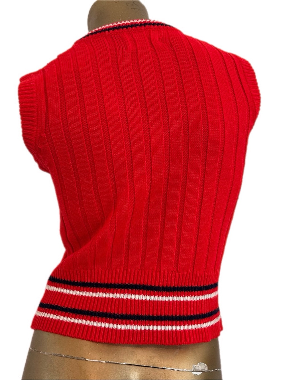 Vintage Finest Quality Knitwear Red Ribbed Sweater Vest V-Neck Striped Trim - Picture 4 of 5